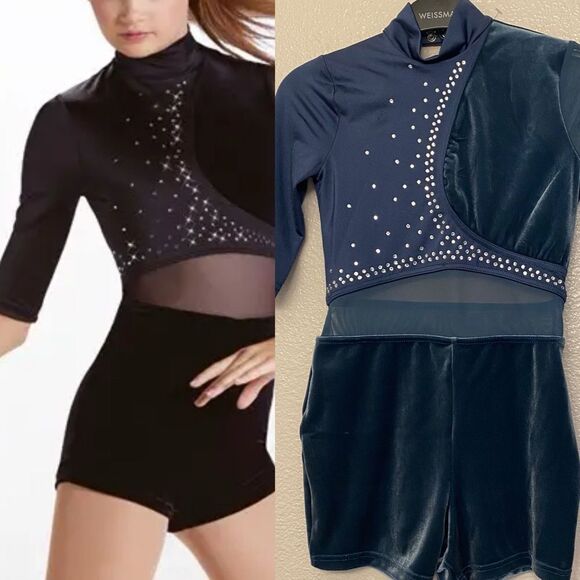 WEISSMAN Dance Costume velvet teal leotard custom rhinestone Chains 14912 LC